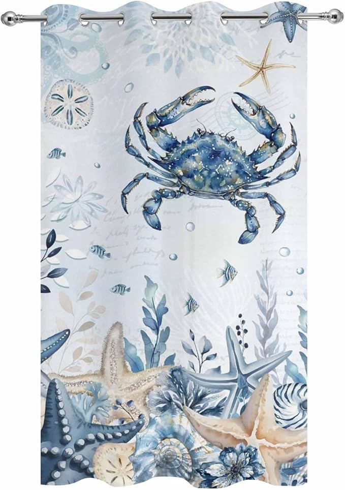 Oceans Outdoor Curtains for Patio Crabs Marine Life Shell Starfish Blue Waterproof Outside Curtains with Grommet Top Weatherproof Curtain for Cabana Pergola Gazebo, 1 Panel, 54" W x 108" L