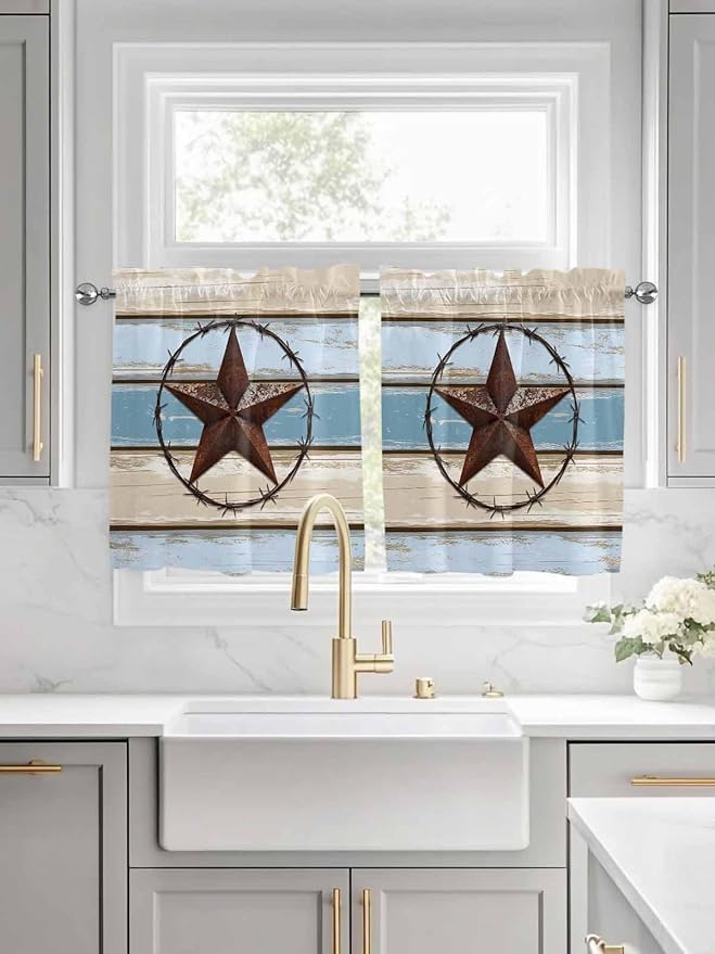 Vintage Western Star on Wood Grain Window Valance Curtains, Retro Wooden Texture Light Filtering Kitchen Valance with 3-inch Rod Pocket for Living Room Bathroom Bedroom,2 Panel,27.5x24In