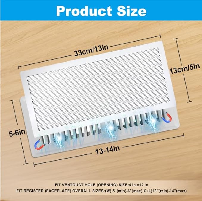 4-Pack 5"x13" White Powerful Magnetic Vent Covers - Super Strong Neodymium Magnets, No Slip & No Drill Needed - Secure Fit for Floor/Wall/Ceiling Registers - Durable Air Vent Screen (White, 5x13)