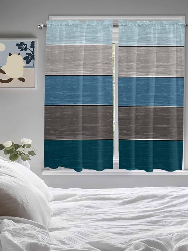 Retro Farm Blue Gray Wood Grain Window Valance Curtains, Rustic Wooden Plank Light Filtering Kitchen Valance with 3-inch Rod Pocket for Living Room Bathroom Bedroom,2 Panel,52x72In