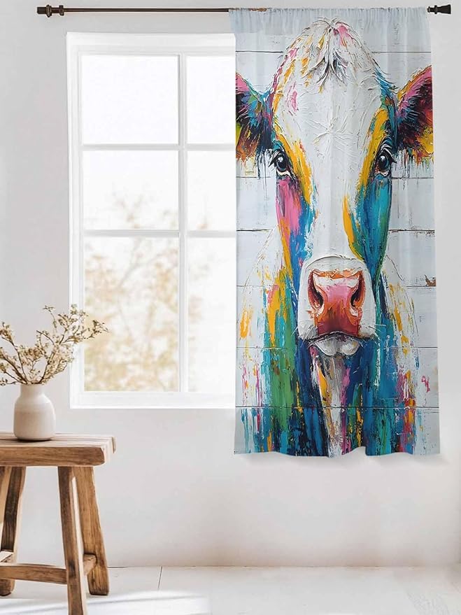 Sheer Curtains 72 Inches Long, Farmhouse Oil Painting Semi Sheer Curtains Light Filtering Window Treatment, Colorful Cow Animal Wooden Grain Privacy Voile Drapes for Living Room Bedroom 52x72 Inch