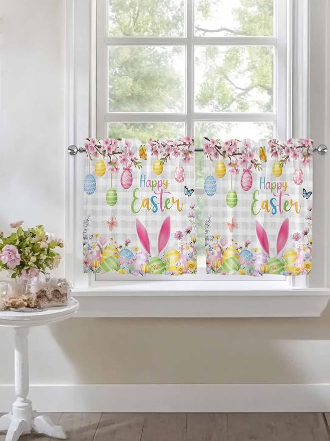 Happy Easter Half Window Curtains 24 Inches Long, Spring Watercolor Bunny Eggs Flower Grey Plaid Window Treatment Curtain Drapes, Short Curtains Tiers for Kitchen Over Sink, 27.5"x24", 2 Panels