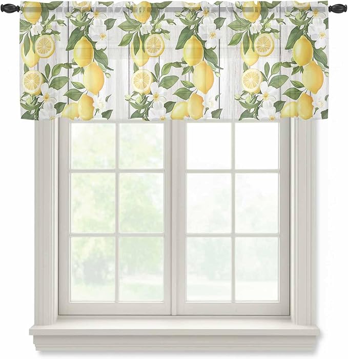 Spring Summer Lemon Sheer Valance Curtains, Leaf Flower White Wood Grain Light Filtering Kitchen Valances Rod Pocket Voile Curtain Window Treatment for Bedroom/Living Room/Basement 60Wx18L