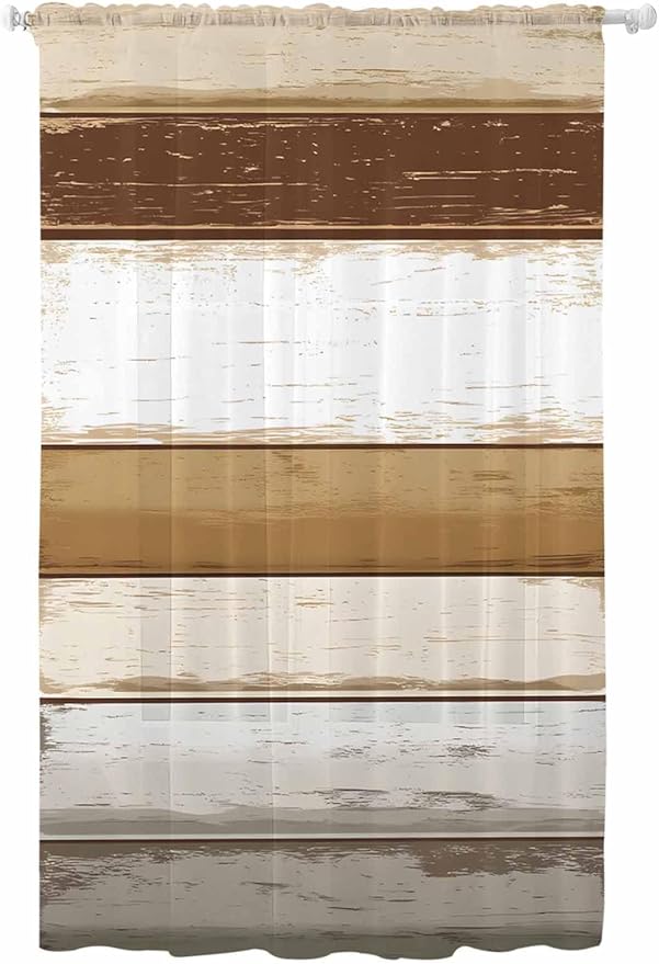 Sheer Curtains 108 Inches Long, Brown Wood Grain Semi Sheer Curtains Light Filtering Window Treatment, Vintage Country Geometric Striped Privacy Voile Drapes for Living Room Bedroom 52x108 Inch