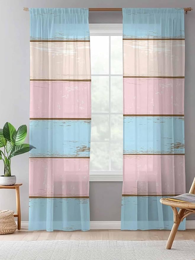 Sheer Curtains 84 Inches Long, Pink Blue Wood Grain Semi Sheer Curtains Light Filtering Window Treatment, Farmhouse Country Shabby Striped Privacy Voile Drapes for Living Room Bedroom 52x84 Inch