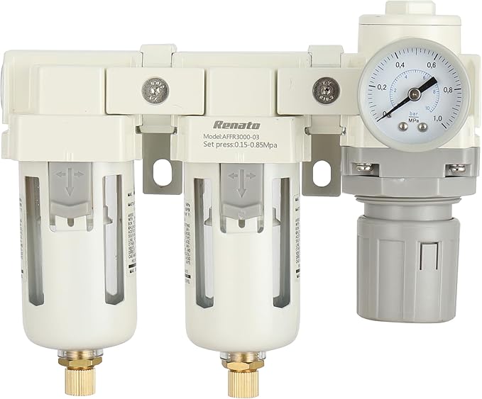 3/8" NPT Three Stage Air Drying System - 5 Micron Particulate Filter Air Pressure Regulator Combo - 0-125psi Gauge, Semi-Auto Drain, Metal Bracket