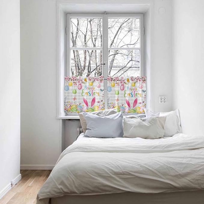 Happy Easter Half Window Curtain 36 Inches Long, Spring Watercolor Bunny Eggs Flower Grey Plaid Window Treatment Curtain Drapes, Small Tier Curtains for Bathroom Over Sink, 27.5"x36", 2 Panels