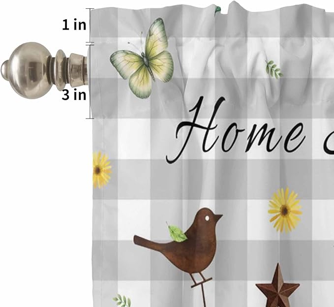 Kitchen Curtains Tiers and Valance Set of 3, Sunflowers Dog Light Filtering Window Curtain Set, Spring Watercolor Floral Stars Grey Plaid Rod Pocket Curtain Drapes for Living Room, 36 Inches Tiers