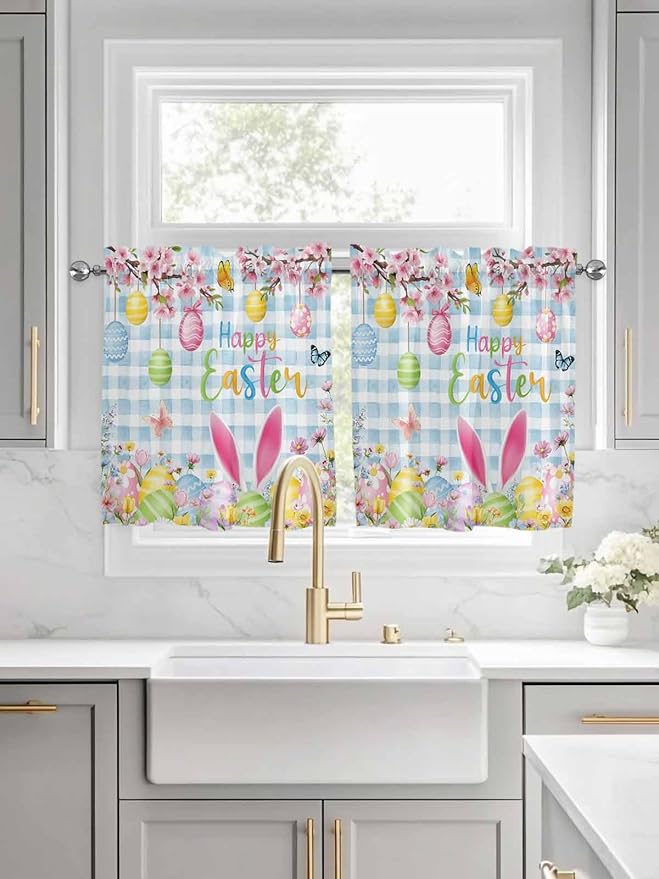 Happy Easter Half Window Curtain 36 Inches Long, Spring Watercolor Bunny Eggs Flower Blue Plaid Window Treatment Curtain Drapes, Small Tier Curtains for Bathroom Over Sink, 27.5"x36", 2 Panels