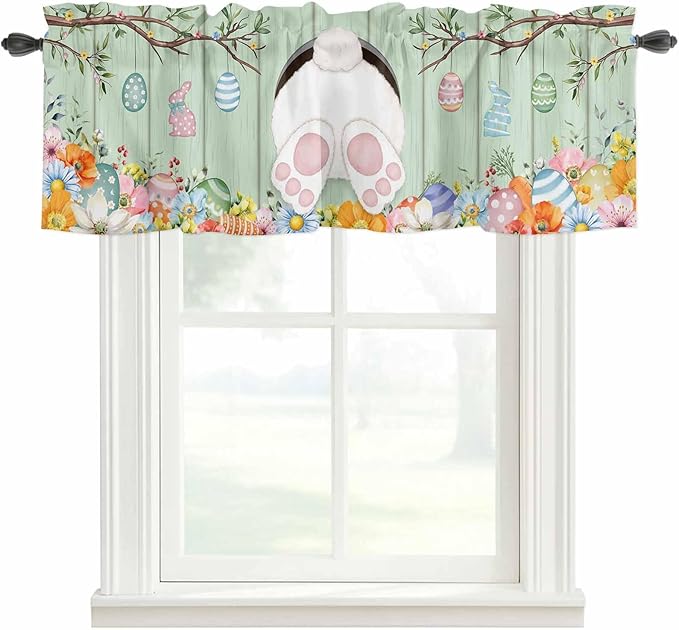 Easter Curtain Valances for Windows, Kitchen Valance Window Treatment, Spring Watercolor Bunny Eggs Wooden Grain Green Light Filtering Block Curtains for Bathroom/Bedroom/Living Room 60'' x 18''