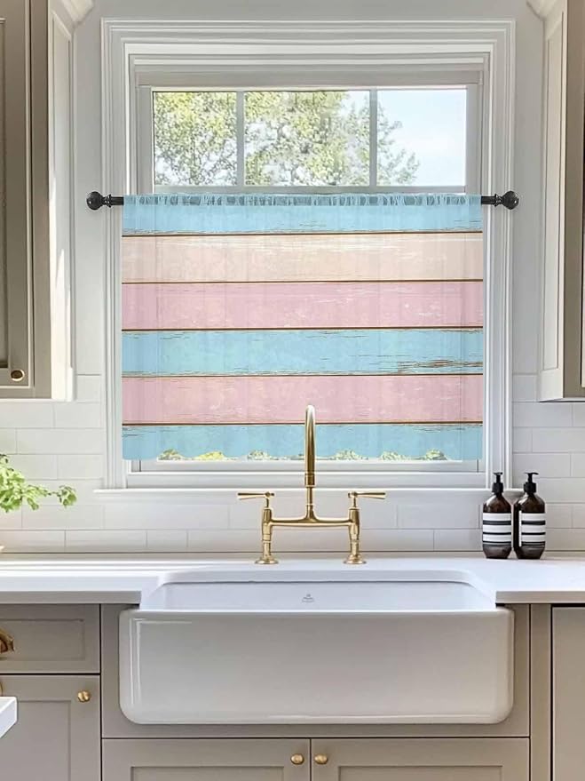 Sheer Curtains 45 Inch Length, Pink Blue Wood Grain Semi Sheer Curtains Light Filtering Window Treatment, Farmhouse Country Shabby Striped Privacy Voile Drapes for Living Room Bedroom 52x45 Inch
