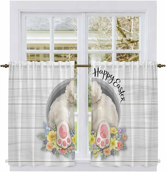 Easter Bunny Kitchen Curtains 54 Inch Long 2 Panel Set,Rod Pocket Window Curtains Panels,3D Optical Illusion Farmhouse Flower Wood Grain Light Filtering Privacy Draperies for Bedroom 42"W x 54"L