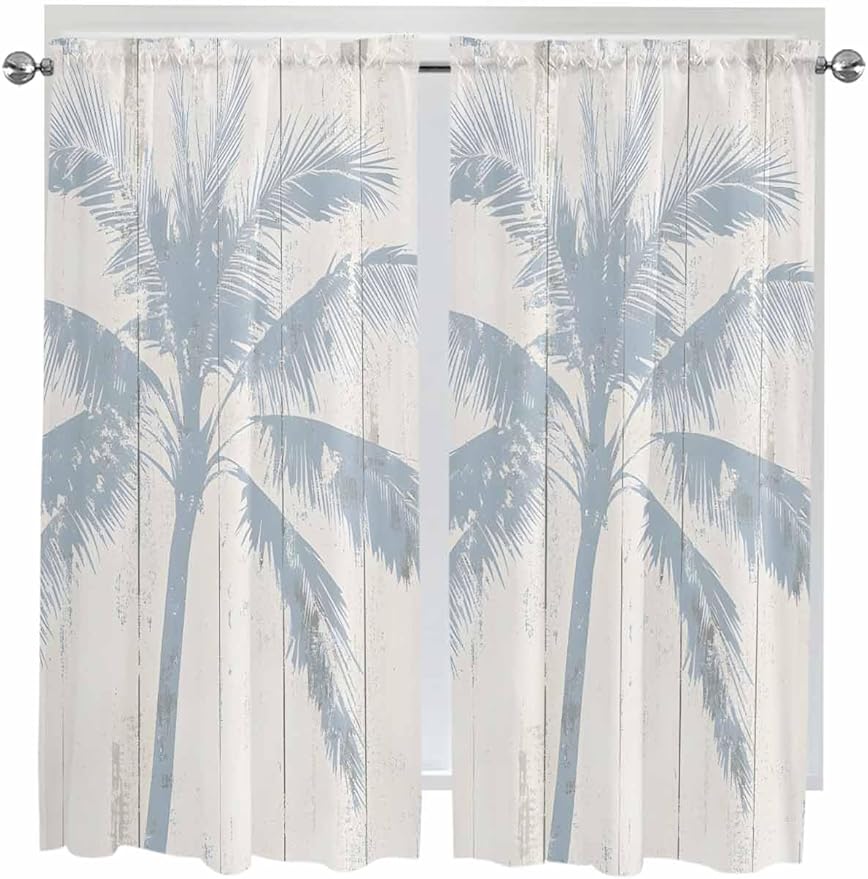 Summer Coconut Tree on Vintage Wood Grain Window Valance Curtains, Seaside Plants Light Filtering Kitchen Valance with 3-inch Rod Pocket for Living Room Bathroom Bedroom,2 Panel,52x72In