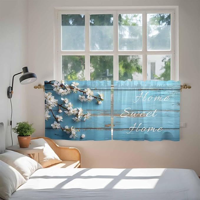 Farmhouse Wooden Grain Tier Curtains, Vintage Shabby Chic Flower Blue Light Filtering Kitchen Curtains, 2Pcs Rod Pocket Half Window Treatments Panels for Sink Cafe Cabinet Camper 27.5x24 Inches