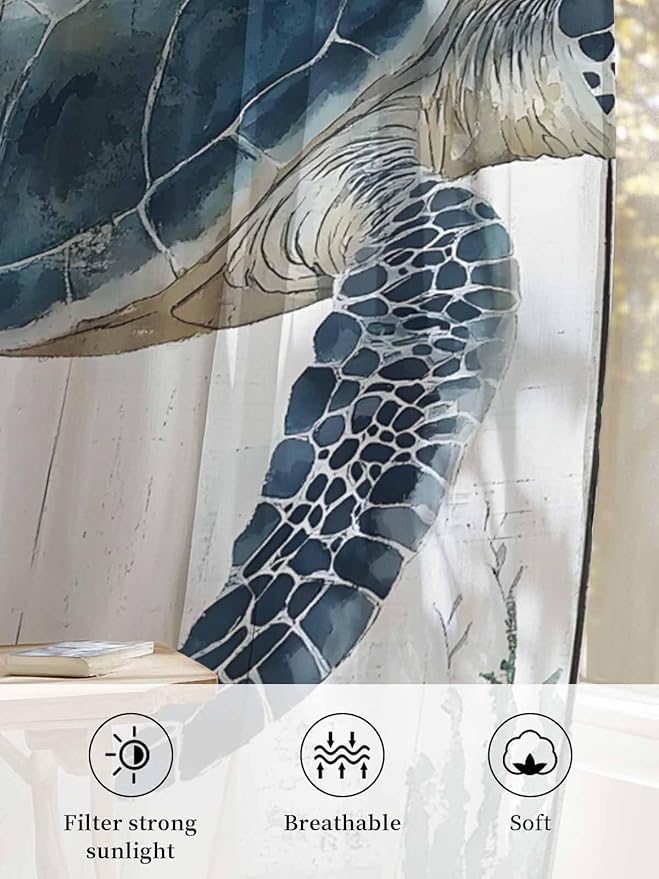 Sheer Curtains 72 Inches Long, Sea Turtle Teal Blue Semi Sheer Curtains Light Filtering Window Treatment, Summer Coastal Ocean Wood Grain Privacy Voile Drapes for Living Room Bedroom 52x72 Inch