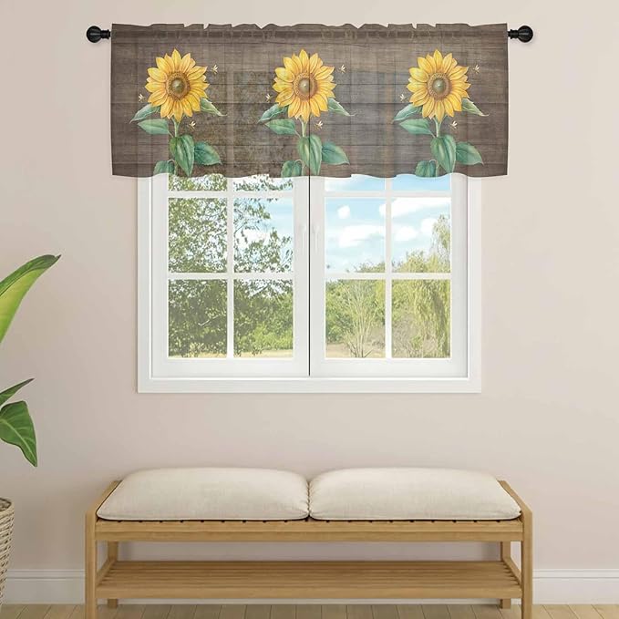 Summer Sunflower Sheer Valance Curtains, Yellow Floral Plants Bees Brown Wood Grain Light Filtering Kitchen Valances Rod Pocket Voile Curtain Window Treatment for Bedroom/Living Room/Basement 42Wx12L