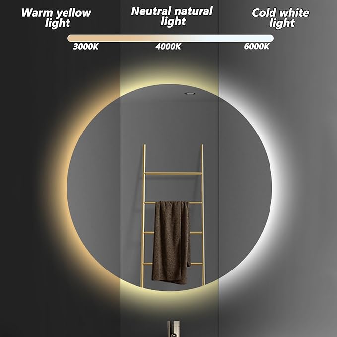 Bathroom Mirror with LED Lights and Touch Sensor, Wall Mounted Mirror with Demister Pad, 3 Colours of Light, Double Touch Button, for Entryway, Bathroom, Vanity(70cm/27.6in)
