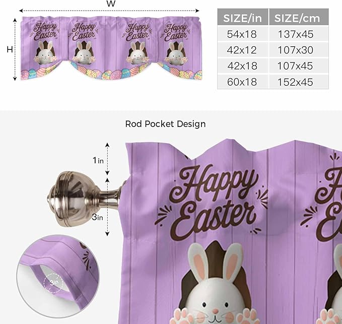 Purple Easter Tie Up Valance Curtains for Windows, Kitchen Curtains Window Shades, Spring Cartoon Bunny Colorful Eggs Wood Grain Light Filtering Curtain Valances for Bedroom/Bathroom/Cafe 54"x18"