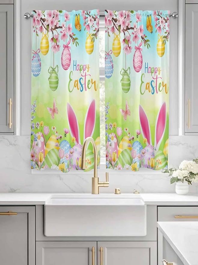 Easter Bedroom Curtains 63 Inches length, Spring Bunny Colorful Rabbit Eggs Butterfly Blue Green Window Treatment Curtain Drapes, Rod Pocket Curtain Panels for Living Room Kitchen, 42"x63", 2 Panels