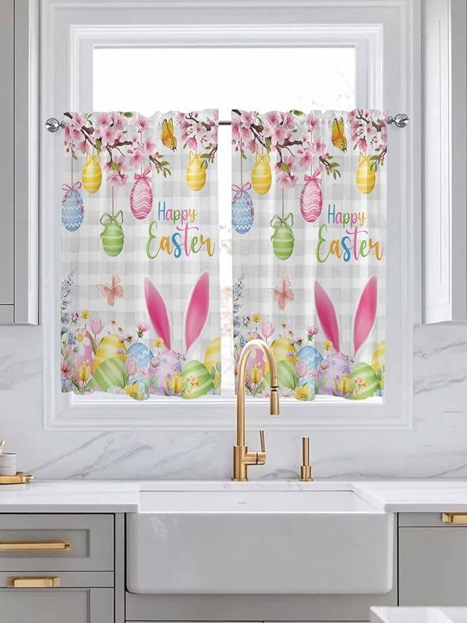 Happy Easter Tier Curtains 45 Inches Long, Spring Watercolor Bunny Eggs Flower Grey Plaid Window Treatment Curtain Drapes, Small Curtain Drapes for Bathroom Laundry Room, 27.5"x45", 2 Panels