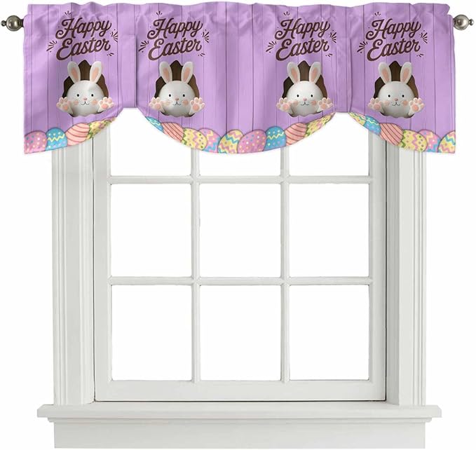 Purple Easter Tie Up Valance Curtains for Windows, Kitchen Curtains Window Shades, Spring Cartoon Bunny Colorful Eggs Wood Grain Light Filtering Curtain Valances for Bedroom/Bathroom/Cafe 54"x18"