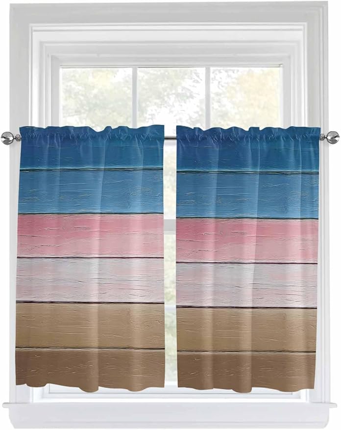 Blue Pink Brown Gradient Wood Grain Window Valance Curtains, Vintage Wood Board Light Filtering Kitchen Valance with 3-inch Rod Pocket for Living Room Bathroom Bedroom,2 Panel,42x45In