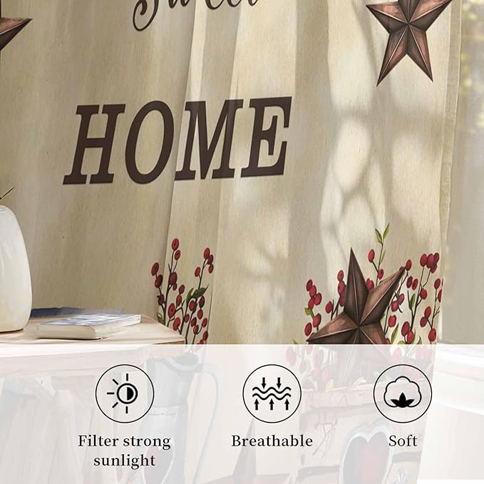 Farm Sheer Curtains 54 Inch Length American Country Barn Star Vintage Berry Brown Chiffon Curtain for Bedroom Living Room Light Filtering Rod Pocket Window Treatments Voile Curtains Drapes for Kitchen
