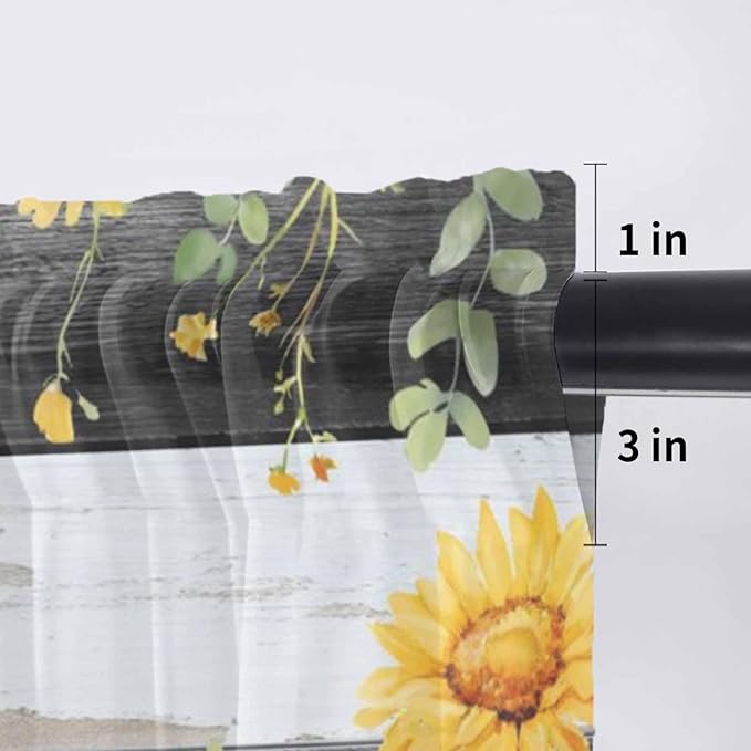Summer Floral Sheer Valance Curtains, Watercolor Sunflower Eucalyptus Leaves Black Wood Grain Light Filtering Kitchen Valances Rod Pocket Voile Curtain for Bedroom/Living Room/Basement 42Wx12L