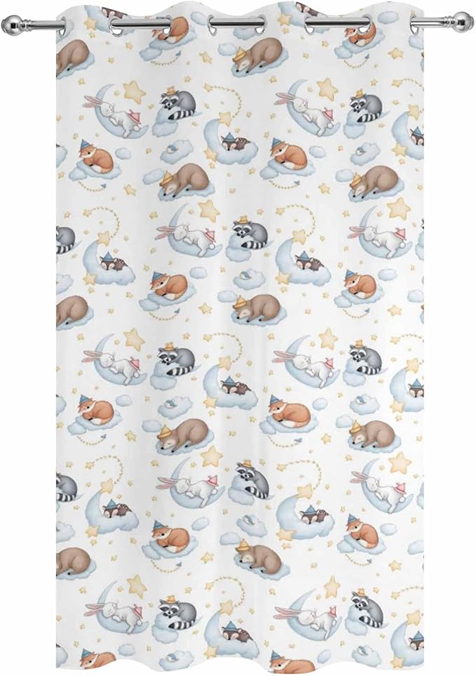 Cartoon Animals Outdoor Curtains for Patio Raccoons Rabbits Moon Waterproof Outside Curtains with Grommet Top Weatherproof Curtain for Cabana Pergola Gazebo, 1 Panel, 54" W x 84" L