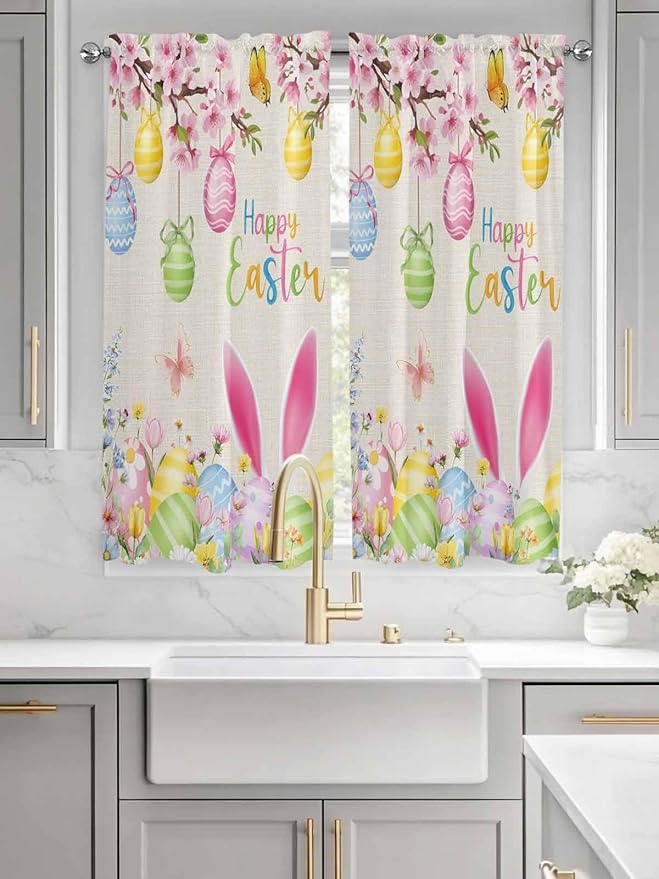 Happy Easter Living Room Curtains 72 Inches length, Spring Farmhouse Bunny Eggs Flower Beige Window Treatment Curtain Drapes, Light Filtering Drapes for Bedroom Laundry Room, 52"x72", 2 Panels