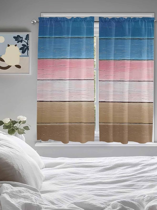 Blue Pink Brown Gradient Wood Grain Window Valance Curtains, Vintage Wood Board Light Filtering Kitchen Valance with 3-inch Rod Pocket for Living Room Bathroom Bedroom,2 Panel,52x72In