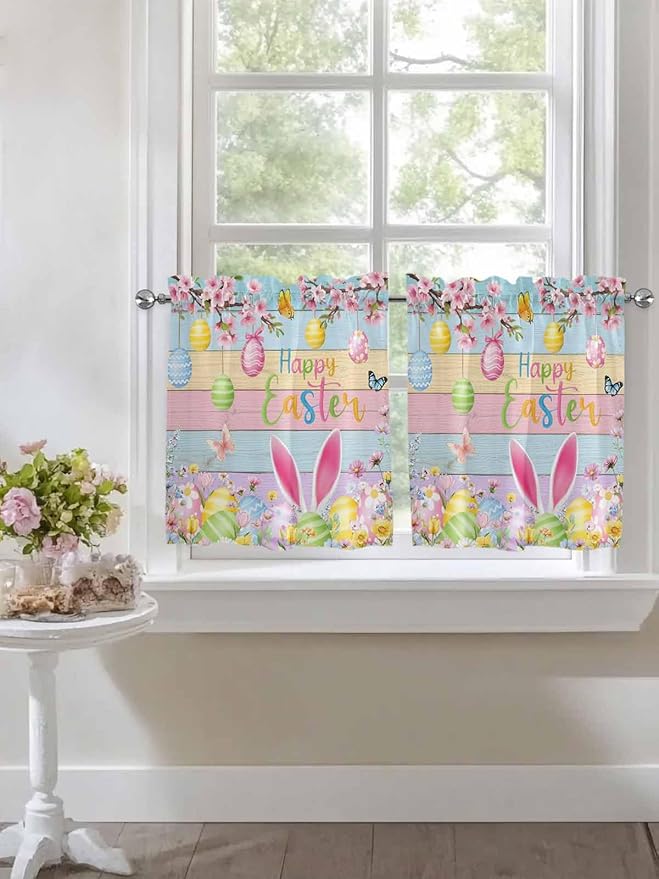 Colorful Easter Half Window Curtain 36 Inches Long, Spring Watercolor Bunny Egg Flower Wood Grain Window Treatment Curtain Drapes, Small Tier Curtains for Bathroom Over Sink, 27.5"x36", 2 Panels