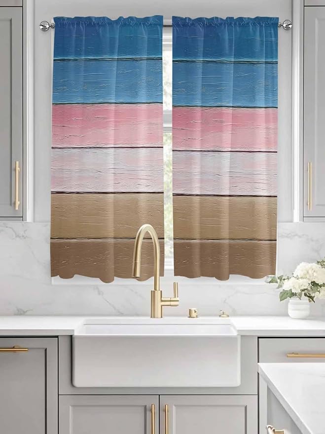 Blue Pink Brown Gradient Wood Grain Window Valance Curtains, Vintage Wood Board Light Filtering Kitchen Valance with 3-inch Rod Pocket for Living Room Bathroom Bedroom,2 Panel,42x63In