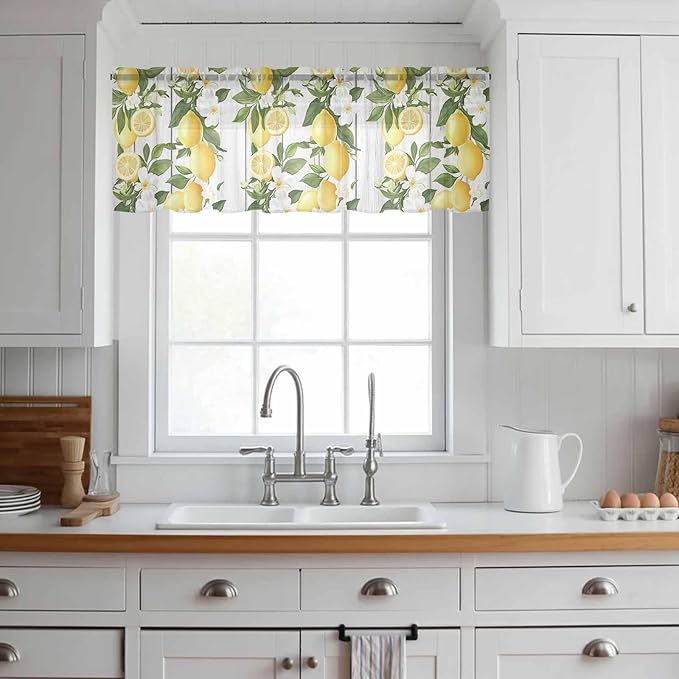 Spring Summer Lemon Sheer Valance Curtains, Leaf Flower White Wood Grain Light Filtering Kitchen Valances Rod Pocket Voile Curtain Window Treatment for Bedroom/Living Room/Basement 42Wx18L