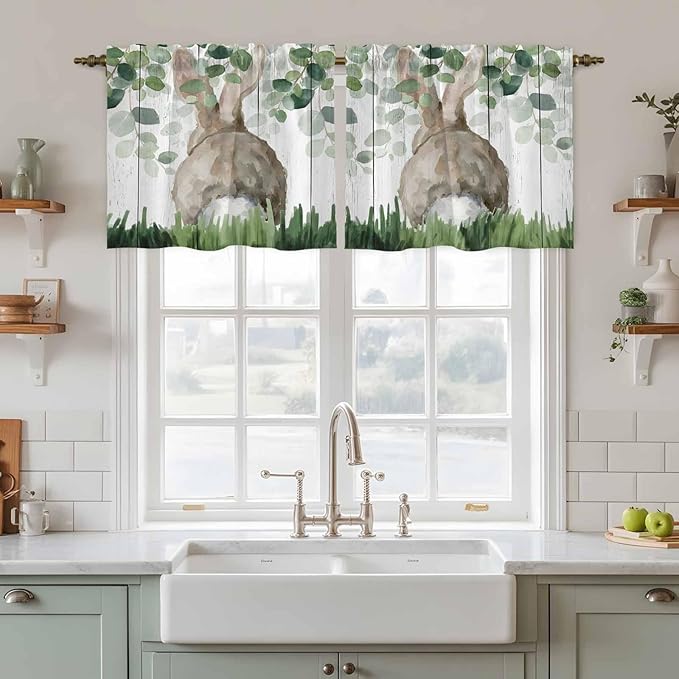 Easter Tier Curtains, Country Rabbit Botanical Leaves Wooden Grain Light Filtering Kitchen Curtains, 2Pcs Rod Pocket Half Window Treatments Panels for Sink Cafe Cabinet Camper 27.5x24 Inches