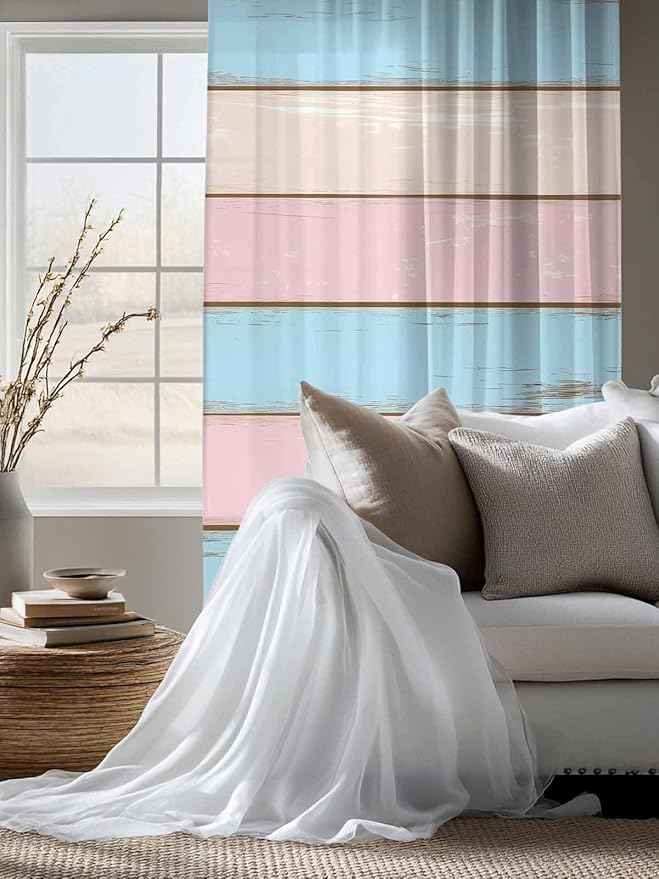Sheer Curtains 63 Inch Length, Pink Blue Wood Grain Semi Sheer Curtains Light Filtering Window Treatment, Farmhouse Country Shabby Striped Privacy Voile Drapes for Living Room Bedroom 52x63 Inch