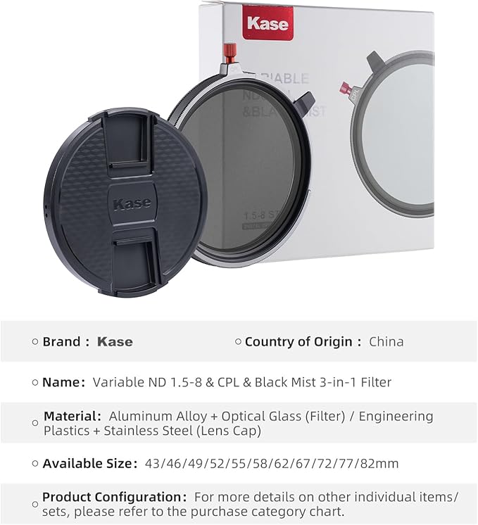 Kase 82mm Variable ND1.5-8 & CPL & Black Mist 3 in 1 Filter with 36 Multi-Coatings, Essential for Landscape & Vlog, Compatible with Canon Sony Nikon