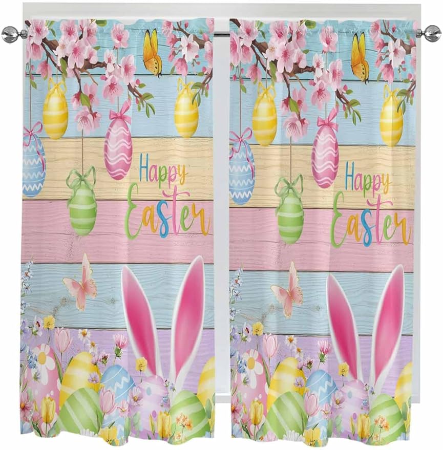 Colorful Easter Living Room Curtains 72 Inches length, Spring Watercolor Bunny Egg Flower Wood Grain Window Treatment Curtain Drapes, Light Filtering Drapes for Bedroom Laundry Room, 52"x72", 2 Panels