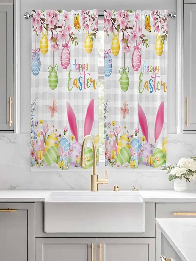 Happy Easter Living Room Curtains 72 Inches length, Spring Watercolor Bunny Eggs Flower Grey Plaid Window Treatment Curtain Drapes, Light Filtering Drapes for Bedroom Laundry Room, 52"x72", 2 Panels