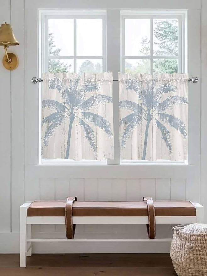 Summer Coconut Tree on Vintage Wood Grain Window Valance Curtains, Seaside Plants Light Filtering Kitchen Valance with 3-inch Rod Pocket for Living Room Bathroom Bedroom,2 Panel,27.5x24In