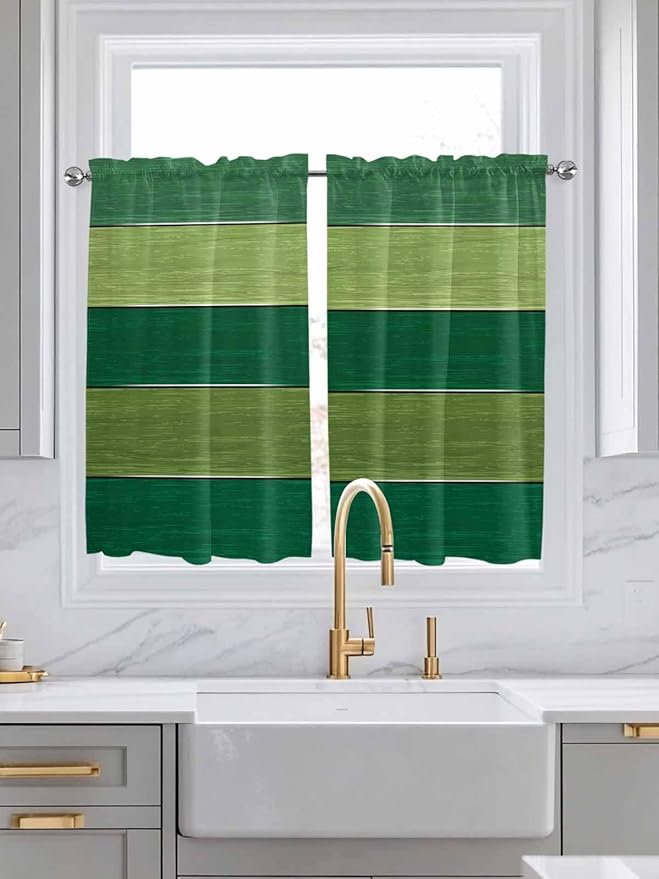 Farm Retro Green Wood Grain Window Valance Curtains, Rustic Wooden Plank Texture Light Filtering Kitchen Valance with 3-inch Rod Pocket for Living Room Bathroom Bedroom,2 Panel,52x54In