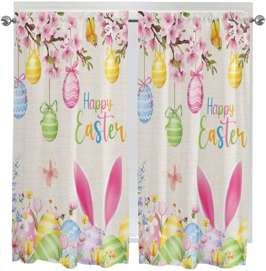Happy Easter Bedroom Curtains 63 Inches length, Spring Farmhouse Bunny Eggs Flower Beige Window Treatment Curtain Drapes, Rod Pocket Curtain Panels for Living Room Kitchen, 42"x63", 2 Panels