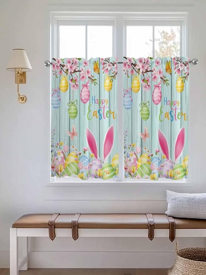 Happy Easter Kitchen Curtains 54 Inches Length, Spring Bunny Eggs Flower Teal Wood Grain Window Treatment Curtain Drapes, Decorative Window Curtains for Bedroom Cafe, 52"x54", 2 Panels