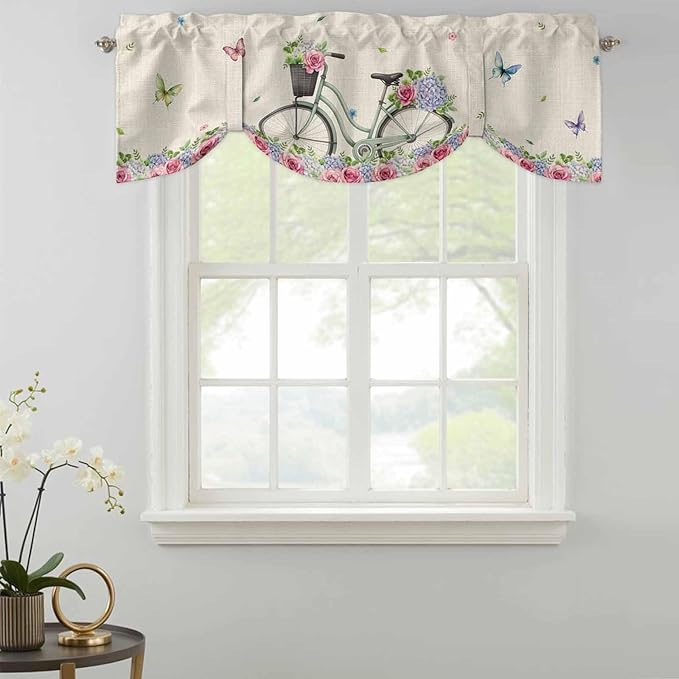 Farmhouse Spring Tie Up Valance Curtains for Windows, Kitchen Curtains Window Shades, Retro Bicycles Flowers Vines Butterfly Light Filtering Roman Curtain Valances for Bedroom/Bathroom/Cafe 42"x18"