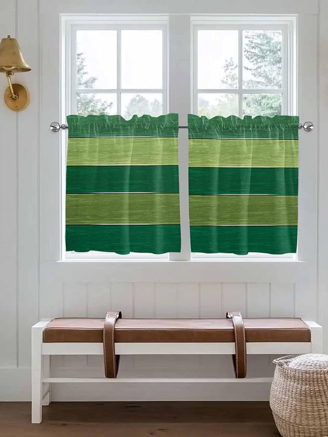 Farm Retro Green Wood Grain Window Valance Curtains, Rustic Wooden Plank Texture Light Filtering Kitchen Valance with 3-inch Rod Pocket for Living Room Bathroom Bedroom,2 Panel,27.5x36In