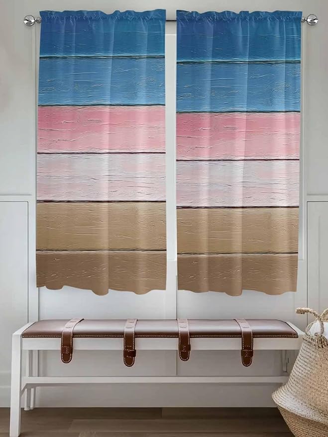Blue Pink Brown Gradient Wood Grain Window Valance Curtains, Vintage Wood Board Light Filtering Kitchen Valance with 3-inch Rod Pocket for Living Room Bathroom Bedroom,2 Panel,52x72In