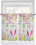 Happy Easter Kitchen Curtains 45 Inches length, Spring Watercolor Bunny Eggs Flower Grey Plaid Window Treatment Curtain Drapes, Lightweight Window Panels for Living Room Bedroom, 52"x45", 2 Panels