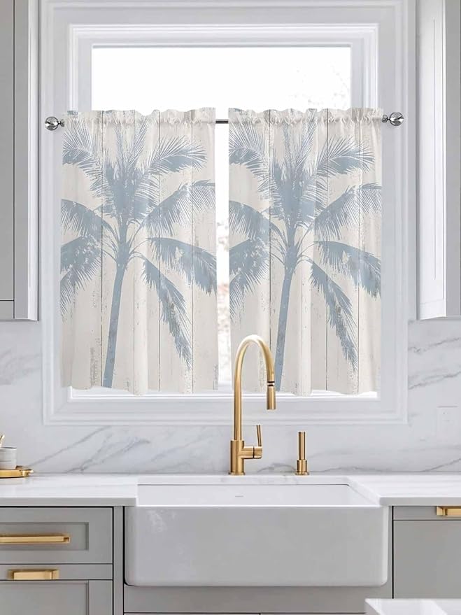 Summer Coconut Tree on Vintage Wood Grain Window Valance Curtains, Seaside Plants Light Filtering Kitchen Valance with 3-inch Rod Pocket for Living Room Bathroom Bedroom,2 Panel,42x54In