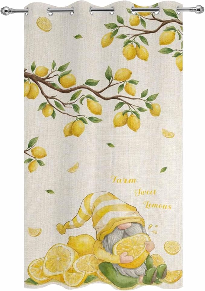 Summer Outdoor Curtains for Patio Lemon Gnome Leaf Linen Texture Waterproof Outside Curtains with Grommet Top Weatherproof Curtain for Cabana Pergola Gazebo, 1 Panel, 54" W x 95" L
