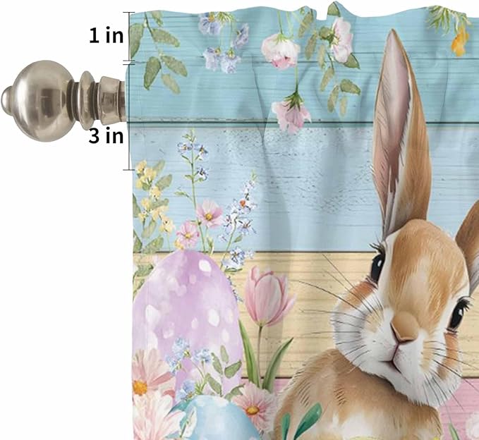 Kitchen Curtains Tiers and Valance Set of 3, Easter Light Filtering Window Curtain Set, Spring Rabbit Eggs Floral Colorful Wooden Grain Rod Pocket Curtain Drapes for Cafe, Living Room, 36 Inches Tiers